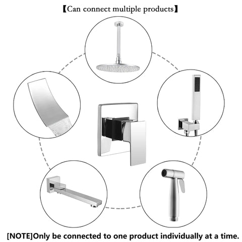 Wall Mount Shower Mixing Valve Kit With Durable Brass Body shown with multiple compatible shower and tub diverter attachments