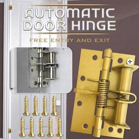 Self Closing Door Hinge With 90 Degree Hold Open Feature, spring loaded automatic close, black iron finish 4x2.6 inch
