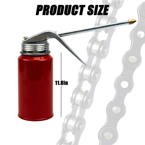 Hand-pump oil can, red metal body, 200ml capacity, long nozzle for automotive and bike lubrication