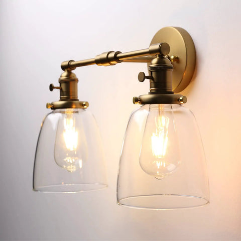 Dope Retro Industrial 2 Light Wall Sconce with clear bell-shaped 5.6 inch glass shades and antique finish mounted on wall