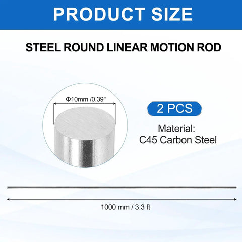 2 Pack 10mm By 1000mm Steel Linear Motion Rods For CNC And 3D Printers Three Eighth Inch Outer Diameter Smooth Precise Guide Shafts Durable High Quality Steel Rods For Tight Quiet Linear Movement, 10mm x 1000mm C45 carbon steel rod shown with size and 2 pcs