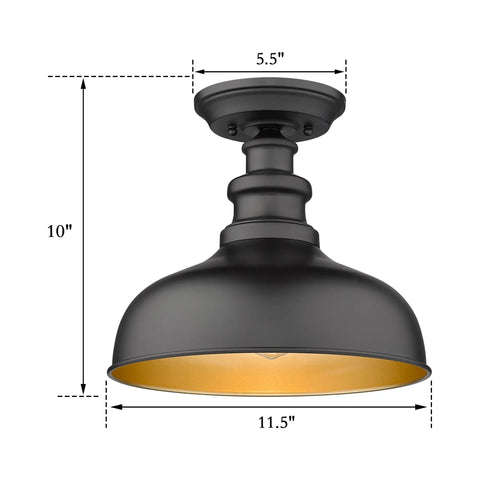 Semi Flush Mount Ceiling Light in Black with Copper Accents, Dope Industrial Farmhouse Hallway Fixture, 11.5 Inch, front view
