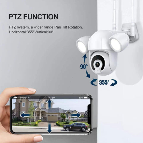 2K 3MP Outdoor WiFi Floodlight Security Camera with PTZ function demonstrating pan tilt rotation on smartphone.
