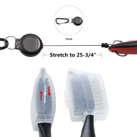 Tiger Pack Of 2 Golf Club Brush Groove Cleaner with retractable zip line, carabiner, and protective brush caps shown.