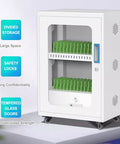 White 60 Slot Mobile Device Charging Cabinet With Secure Lockers For Tablets Laptops Phones showing divided storage and safety locks.