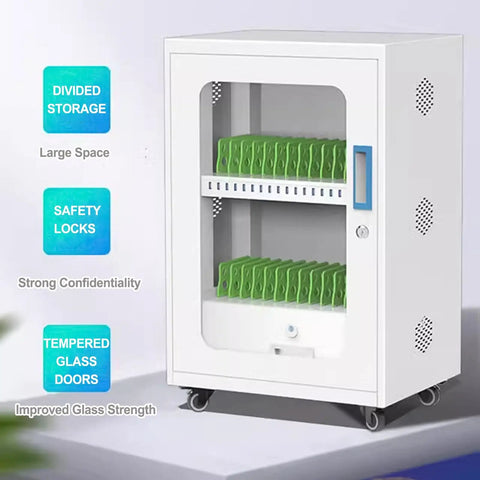 White 60 Slot Mobile Device Charging Cabinet With Secure Lockers For Tablets Laptops Phones showing divided storage and safety locks.