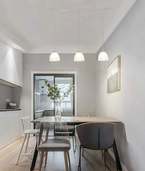 Dining area with Three-Light H-Type Track Lighting Kit, Dimmable Track Mount Pendant Fixtures with Frosted White Glass Shade
