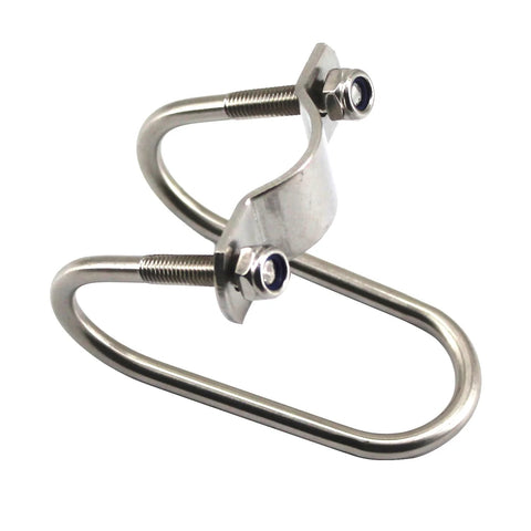 Front view of stainless steel U-shaped cross pipe clamp with two bolts, 32mm x 32mm
