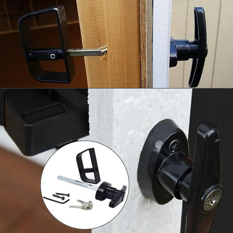 Heavy Duty Shed Door Hardware Kit With 6.5 Inch T Handle Lock Black Powder Coat 6 Anti Sag Hinges 2 Barrel Bolts For Outdoor Sheds Barns And Wooden Fence Gates Built Tough For Lasting Security And Easy Use installed on shed door