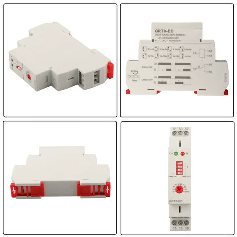 Pro Grade Adjustable Time Relay For Automation Panels With Delay From 0.1 Seconds To 10 Days Dual 230 Volt AC And 24 Volt DC Input 10 Amp Output LED Indicator Din Rail Mount Ready For Control Panels, front view