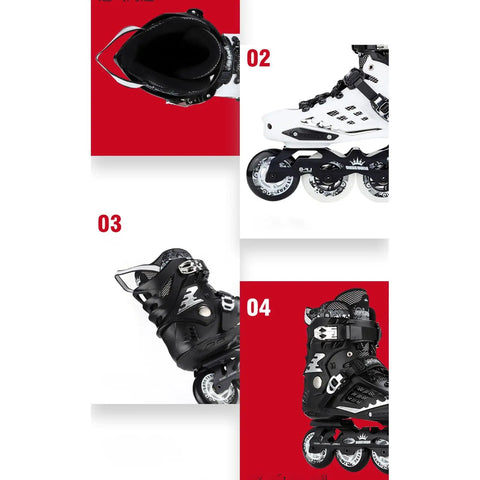 Multiple angles of Carbon Fiber Inline Roller Skates For Adults And Teens Adjustable Single Row With Safety Ratchet Buckle and Laces