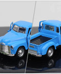 Two views of Retro Metal Classic Cars Die Cast Old School Pickup Truck Figurine in Blue Vintage Alloy Mini Car Model for Home Decor Desk.