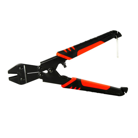 Heavy Duty Mini Bolt Cutter With Grippy Soft Anti Slip Handle Cuts Through Wires And Cables Up To Two Point Five Millimeters in black and red.