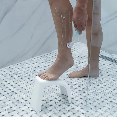 Ultra Lightweight Grab And Go Multi Purpose Foot Stool For Toilet Use, Desk Foot Rest, Pedicure, Leg Shaving And Lace Up Shoes, Stackable White Travel Must Have Made In USA used for leg shaving in shower