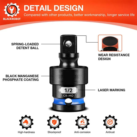 Half Inch Drive Universal Joint Socket Set With Chrome Moly Swivel Socket Adapter for Automotive Repair and Heavy Duty Home DIY