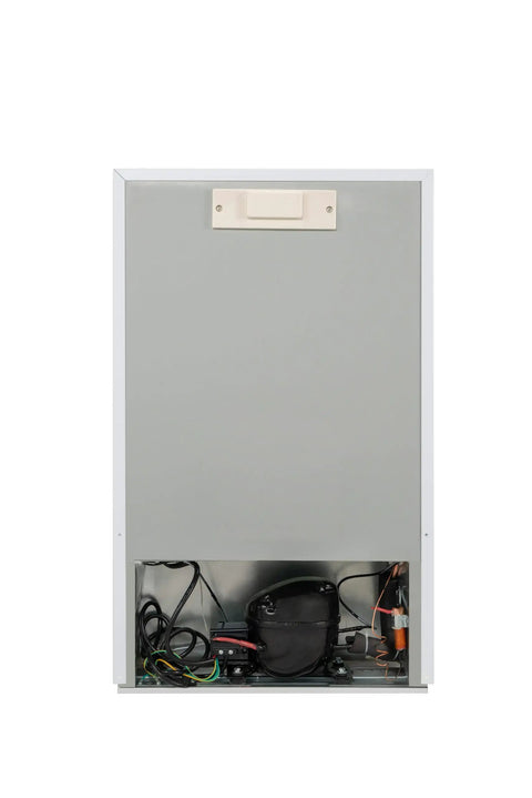 Back view of Chill Your Stash Or Freeze Your Snacks In This Solid Convertible Upright Freezer Fridge 3 Cubic Feet White Compact design.