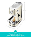 Next Level Compact Espresso Maker With High Pressure Pump And Hassle Free Milk Frother For Pulling Bold Coffee Shots and Topping Off Sweet Lattes Anytime, dimensions 11.97" H x 5.9" W x 12.28" D.