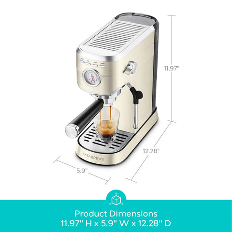 Next Level Compact Espresso Maker With High Pressure Pump And Hassle Free Milk Frother For Pulling Bold Coffee Shots and Topping Off Sweet Lattes Anytime, dimensions 11.97" H x 5.9" W x 12.28" D.