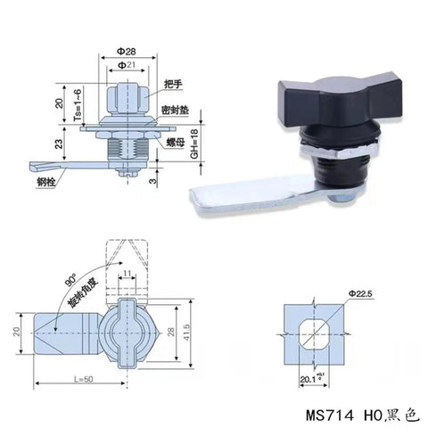 Zinc Alloy Quarter Turn Wing Mailbox And Cabinet Lock with technical dimensions, rustproof diecast construction, chrome finish.