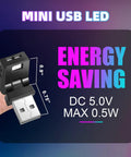Energy saving mini USB LED light specifications with size details for Two Pack Mini USB LED Interior Lights For Cars And Laptops.