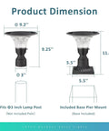 Dimensions of Solar Post Light With Dusk To Dawn Sensor, including 9.25" height, glass shade, and IP65 waterproof base.