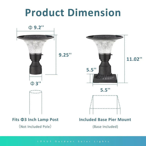 Dimensions of Solar Post Light With Dusk To Dawn Sensor, including 9.25" height, glass shade, and IP65 waterproof base.