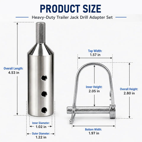 Product size for Heavy Duty Stainless Steel Trailer Jack Drill Adapter With Secure Wire Lock Pin, showing overall and inner dimensions.