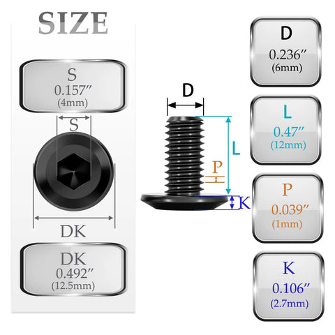 Heavy Hitter M6 Hex Socket Cap Bolts size chart showing dimensions for M6 x 12mm Black Oxide fasteners and hex socket head.