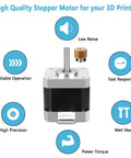 Dope 42-40 Stepper Motor With Extruder Gear For 3D Printers, 2 Phase, shown with attributes like low noise, fast response, and stable operation.