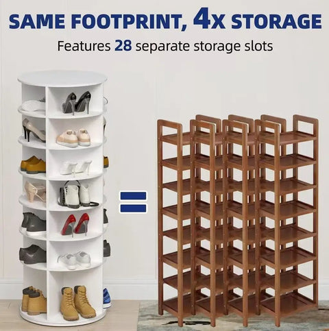 360 Degree Rotatable White Corner Shoe Rack And Bookshelf, 7 Tier Dope Space Saver Shoe Tower displaying shoes next to traditional brown racks