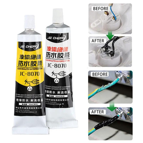 Liquid Electrical Tape For Wires And Cables 2 Pack 50ml Each Black Waterproof Dielectric Sealant For Marine And Home Electrical Equipment Easy To Apply Insulation And Sealing To Protect Wiring And Prevent Leaks with before and after application results visible.