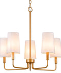 Muted Gold Chandelier With White Fabric Shades For Modern Farmhouse Linear Island Lighting In Kitchen And Dining Room, 5-Light Fixture