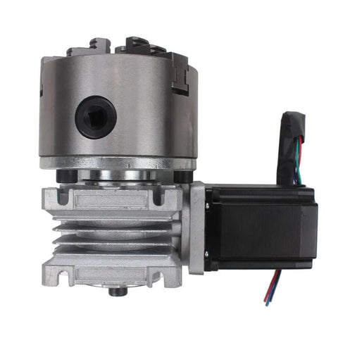 Straight Up Precision 4th Axis Gearbox For CNC Router, Hella Tough Rotary Three Jaw 100mm Chuck With 20 To 1 Ratio, Smooth Engraving Tailstock close-up view of the gearbox and motor.