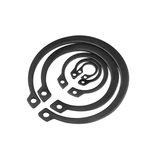 Get These 50 Pcs M3 To M42 External Circlip Rings Built Tough From Carbon Steel That Won't Rust For Easy Shaft Installation On Cars Trucks Valves Doors Windows And Heavy Machinery Tools You Gotta Have - Set of black carbon steel external circlip rings in various sizes.