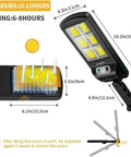 JUDYSSY 128Cob Solar Lights Outdoor Waterproof featuring adjustable solar panel with dimensions and charging information.