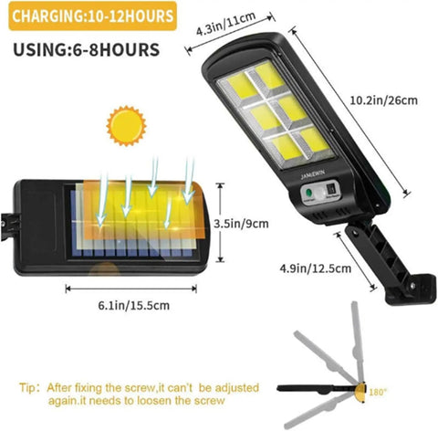 JUDYSSY 128Cob Solar Lights Outdoor Waterproof featuring adjustable solar panel with dimensions and charging information.
