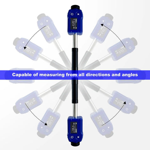 Leeb Hardness Tester Pen Type Portable Metal Hardness Tester 7 In 1 HL HV HB HRC HRB HRA HS With Durable ABS Housing And Tungsten Carbide Tip Easy One Hand Operation For Metal Parts, angled testing view
