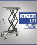 Rock Solid Hydraulic Lift Table Cart Two Speed Rolling Work Platform supporting five hundred pounds, 50 3/4 inch high lift range.