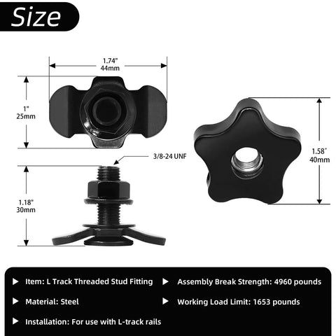 Heavy Duty L Track Threaded Stud Fittings With Knobs, 1.18 Inch Bolt Height dimensions, black steel fasteners for cargo.