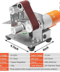 Compact mini belt sander for DIY projects, features adjustable table, stainless steel body, graded for woodworking and crafts.