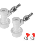 Two Pack Ball Lock Disconnect Fittings With Five Sixteenths Inch Stainless Steel Gas Barb For Kegging Setups, MFL Quick Disconnect Swivel Nut Design, Compatible With Ball Lock Posts And Sankey Adapters. White ball lock disconnect fittings with 5/16 stainless barbs and hose clamps