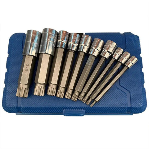 Heavy Duty 10 Piece Universal Socket Set With 1/4 3/8 And 1/2 Inch Drives Featuring Metric Sizes From 4 To 18 Mm in portable case.