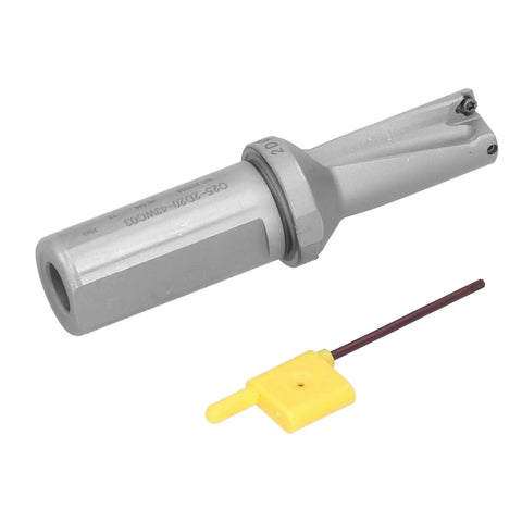Carbide Tipped Chamfering Drill With U Shank For CNC, side view showing carbide tip and shank, includes yellow cleaning tool