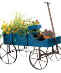 Amish Wagon Garden Planter On Wheels for Indoor Outdoor Decor Blue, Farmhouse Chic Style Wood Wagon Planter with iron wheels filled with flowers