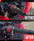Before and after installation of Universal Cruise Control Throttle Lock for Motorcycles on motorcycle handlebars