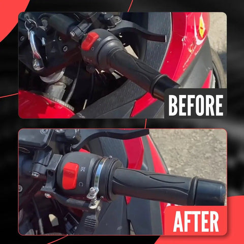 Before and after installation of Universal Cruise Control Throttle Lock for Motorcycles on motorcycle handlebars