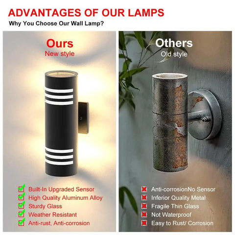 Comparison of black dusk to dawn outdoor wall light vs rusted old style, highlighting advantages of the new model.