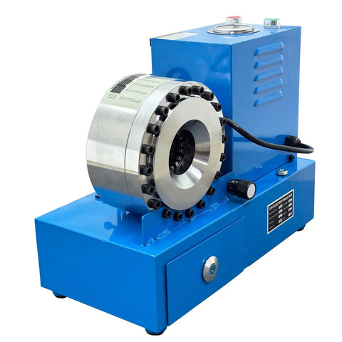 Close-up of Plug And Play Electric Hydraulic Hose Crimper With 8 Precision Dies for 6 to 28mm rubber and steel lines.