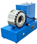 Heavy Duty Portable Electric Hydraulic Hose Crimper With Solid Fifty Ton Pressure And Eight Precision Die Kits For Flawless Ac Line And Plumbing Assembly Badass Pro Grade Garage Repair Tool That Gets The Job Done Quick, blue electric tool with crimping head.