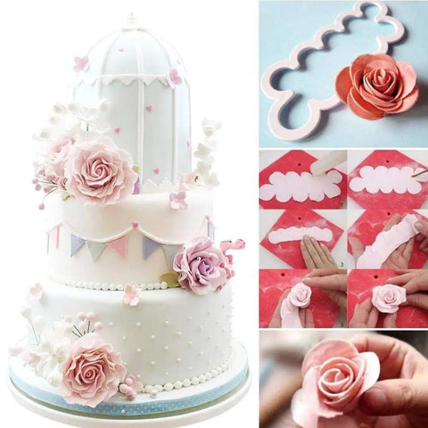 Top Shelf 114 Piece Cake Decorating Kit Loaded With Fondant Plunger Cutters Sugar Craft Molds Rolling Pin Scraper And Pro Level Icing Tools For Killer Diy Baking; decorated cake with fondant roses and cutters.